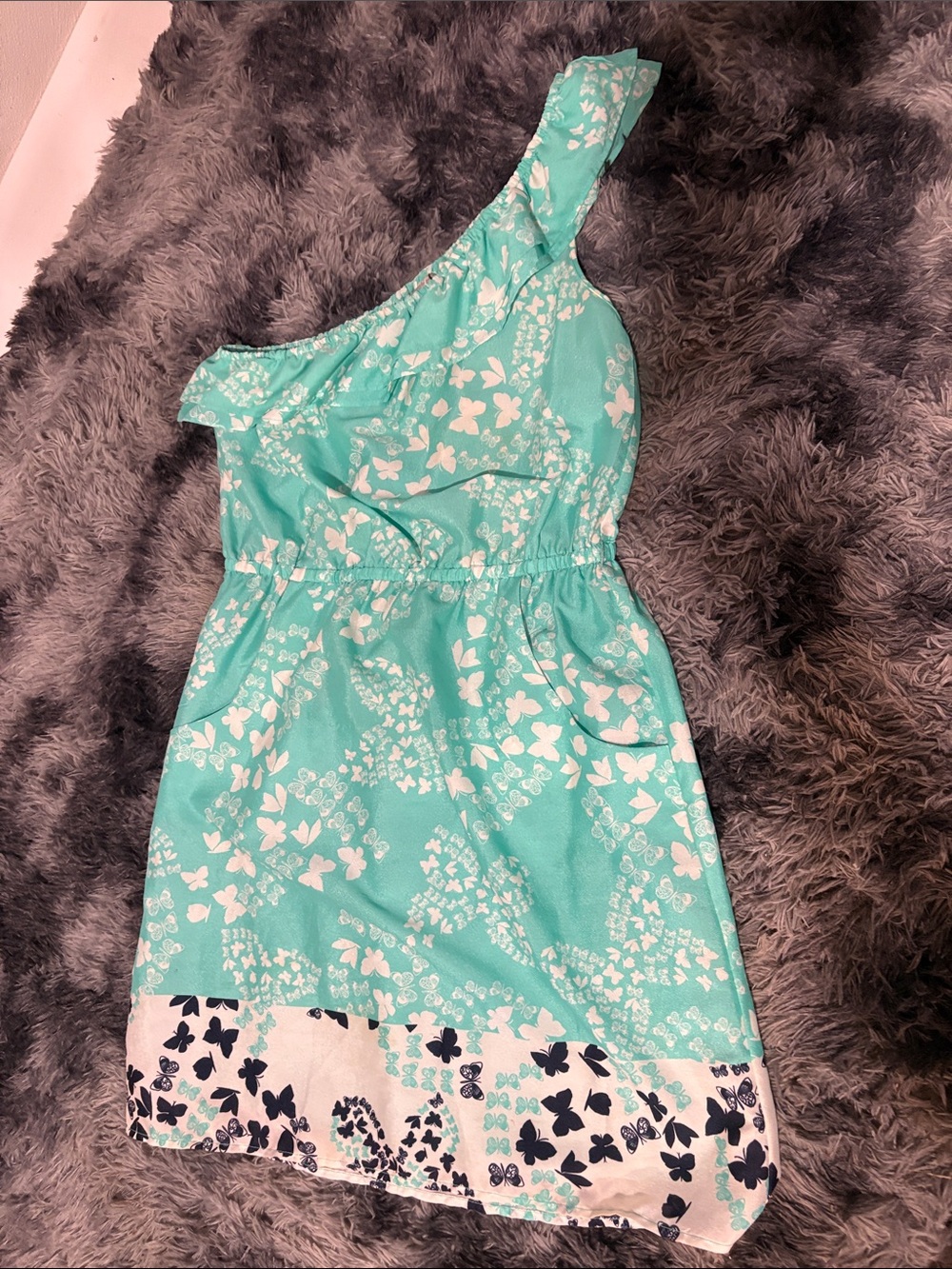 Vanity Mint Green One-Shoulder Butterfly Print Dress